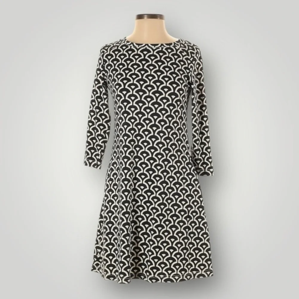 Barbara Gerwit Black White‎ Geometric Print A-Line Dress XS 3/4 Sleeve Stretch